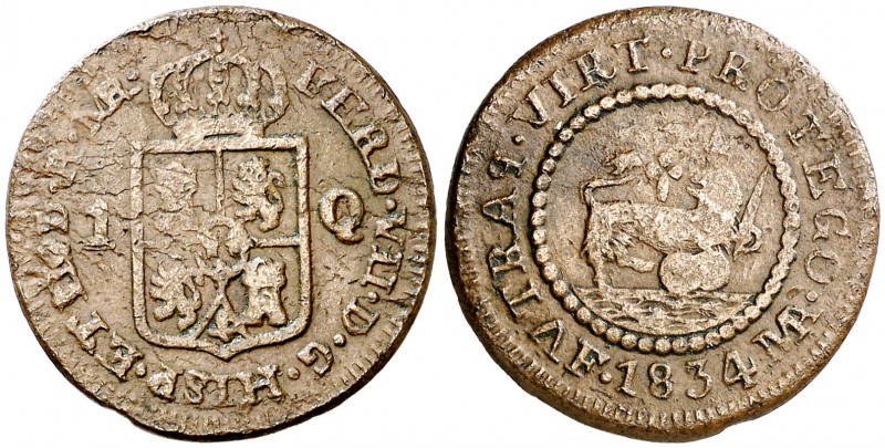 1834. Fernando VII. Manila. 1 cuarto. (Cal. 1597) (Basso 41) (Kr. 10). 5,55 g. T...