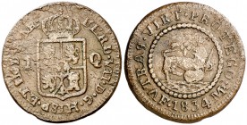 1834. Fernando VII. Manila. 1 cuarto. (Cal. 1597) (Basso 41) (Kr. 10). 5,55 g. Tipo póstumo, con valor. Cospel grueso. Ex Áureo 28/09/1993, nº 1173. R...