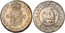 1834. Fernando VII. Manila. 4 cuartos. (Cal. 1595) (Basso 43, carece de foto) (Kr. 12). 20,51 g. Tipo póstumo, con ceca MA y valor. Grietas de acuñaci...
