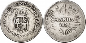 1828. Fernando VII. Manila. 8 reales (Cal. 534) (Basso 52) (Kr. 29). 26,79 g. Acuñado sobre 8 reales de México, México (JM) de 1828. Muy rara. MBC.