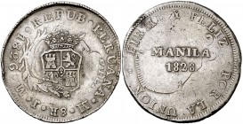 1828. Fernando VII. Manila. 8 reales. (Cal. 534) (Basso 52) (Kr. 24). 27,07 g. Acuñado sobre 8 reales de Perú, Lima JM de 1826. Golpecitos. Muy rara. ...