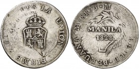 1828. Fernando VII. Manila. 8 reales. (Cal. 534) (Basso 52) (Kr. 24). 26,12 g. Acuñado sobre 8 reales de Perú, Lima JM. Muy rara. MBC.