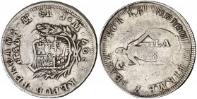1828. Fernando VII. Manila. 8 reales. (Cal. 534) (Basso 52) (Kr. 24). 26,23 g. Acuñado sobre 8 reales de Perú, Lima JM de 1827. Muy rara. MBC.