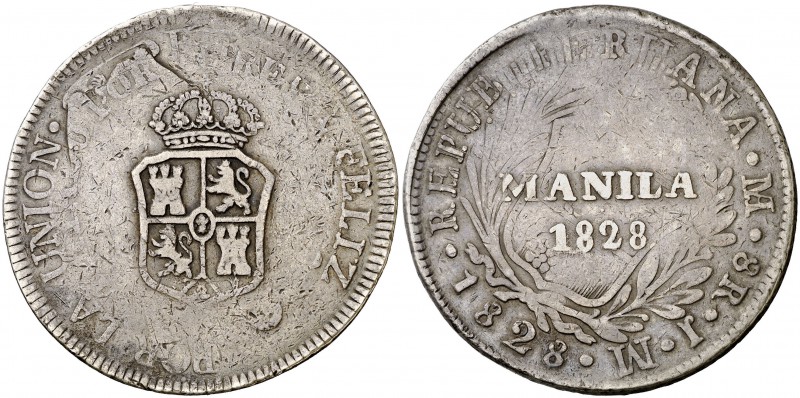1828. Fernando VII. Manila. 8 reales. (Cal. 534) (Basso 52) (Kr. 24). 29,24 g. A...