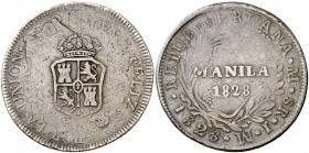 1828. Fernando VII. Manila. 8 reales. (Cal. 534) (Basso 52) (Kr. 24). 29,24 g. AcuñadO sobre 8 reales de Perú, Lima JM de 1828. Muy rara. MBC.