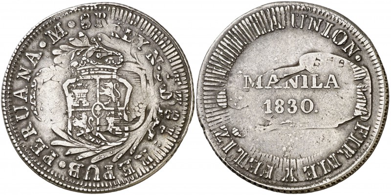 1830. Fernando VII. Manila. 8 reales. (Cal. 535) (Basso 54) (Kr. falta). 26,84 g...
