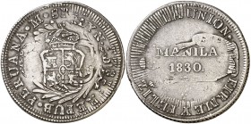 1830. Fernando VII. Manila. 8 reales. (Cal. 535) (Basso 54) (Kr. falta). 26,84 g. Acuñado sobre 8 reales de Perú, Lima (JM) de 1829. Ex Áureo Selecció...