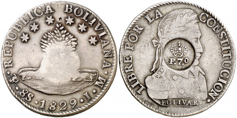Resello F7º bajo corona sobre 8 soles de Bolivia, Potosí JM de 1829. (Kr. 51). 2...