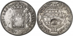Resello (falso) F7º bajo corona, en reverso, bajo corona sobre 960 reis de Brasil de 1815, acuñada a su vez sobre 8 reales españoles de Fernando VII d...