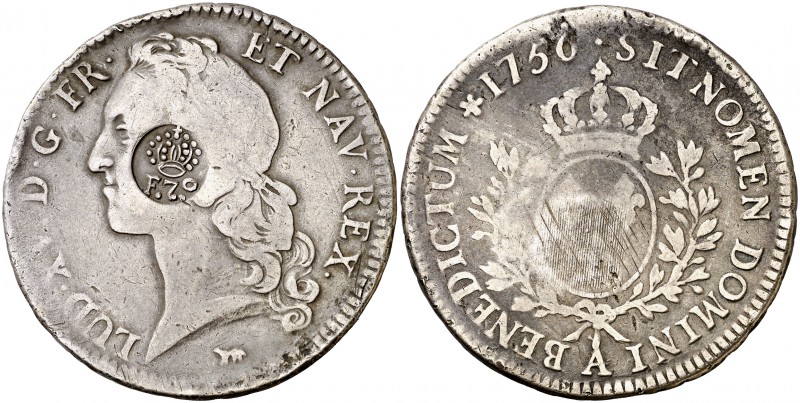 Resello (falso) F7º bajo corona sobre 5 francos de Francia, A (París) de 1750. 2...