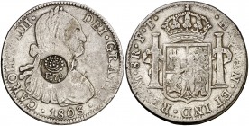 Resello (falso) F7º bajo corona sobre 8 reales de México FT de 1803. 26,56 g. MBC-.