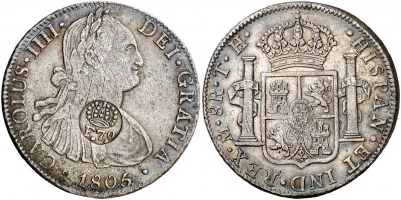 Resello (falso) F7º bajo corona sobre 8 reales de México TH de 1805. 26,57 g. Ra...