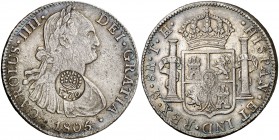 Resello (falso) F7º bajo corona sobre 8 reales de México TH de 1805. 26,57 g. Rayitas. Pátina. (EBC-/EBC).