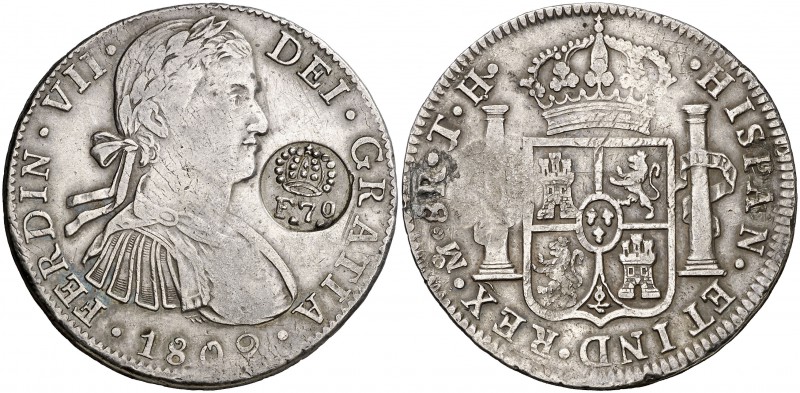 Resello (falso) F7º bajo corona sobre 8 reales de México TH de 1809, busto imagi...