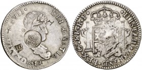 Resello F7º bajo corona (falso de época) sobre 8 reales de Chihuahua RP de 1817. 26,30 g. Muy rara. MBC+.