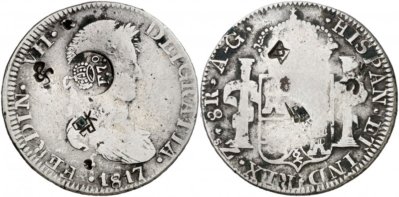 Resello F7º bajo corona sobre 8 reales de Zacatecas AG de 1817. (Kr. falta). 25,...