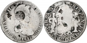 Resello F7º bajo corona sobre 8 reales de Zacatecas AG de 1817. (Kr. falta). 25,56 g. Resellos orientales. Rara. MBC-/BC+.