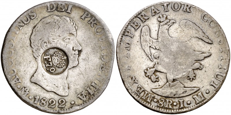 Resello F7º bajo corona sobre 8 reales de México, México JM de 1822 de Iturbide....
