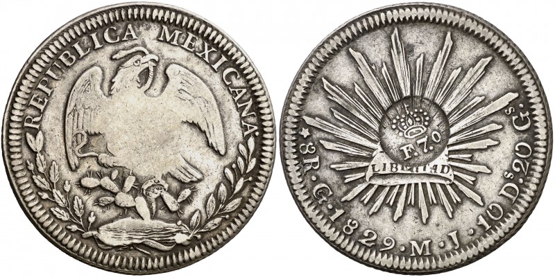 Resello F7º bajo corona, en reverso, bajo corona sobre 8 reales de México, Guana...