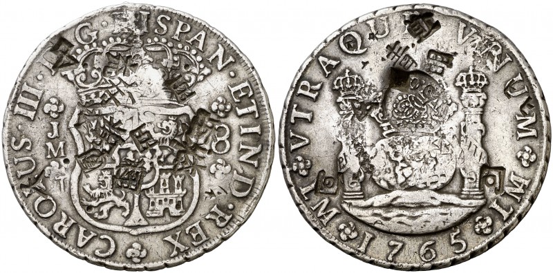 Resello F7º bajo corona, en reverso, sobre 8 reales de Lima JM de 1765, tipo col...