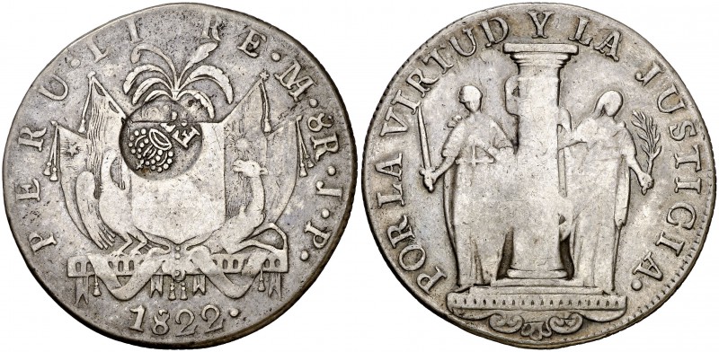 Resello F7º bajo corona, en anverso, invertido, sobre 8 reales de Perú, Lima JP ...
