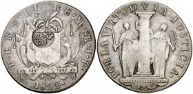 Resello F7º bajo corona, en anverso, invertido, sobre 8 reales de Perú, Lima JP de 1822, tipo "Perú Libre". (Kr. 81). 26,46 g. MBC-.