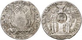 Resello F7º bajo corona, en reverso, sobre 8 reales de Perú, Lima JP de 1822, tipo "Perú Libre". (Kr. 80). 27,30 g. Bella pátina. Rara así. MBC+.