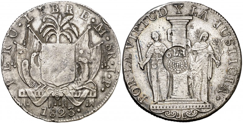Resello F7º bajo corona, en reverso, invertido, sobre 8 reales de Perú, Lima JP ...