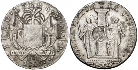 Resello F7º bajo corona, en reverso, invertido, sobre 8 reales de Perú, Lima JP de 1823, tipo "Perú Libre". (Kr. 80). 26,24 g. Pátina. MBC.