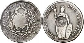 Resello F7º bajo corona, en reverso, sobre 8 reales de Perú, Lima JM de 1829. (Kr. 83). 26,57 g. MBC-.