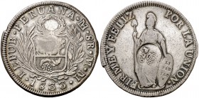 Resello F7º bajo corona, en reverso, sobre 8 reales de Perú, Lima MM de 1833. (Kr. 83). 26,33 g. Pátina. MBC.