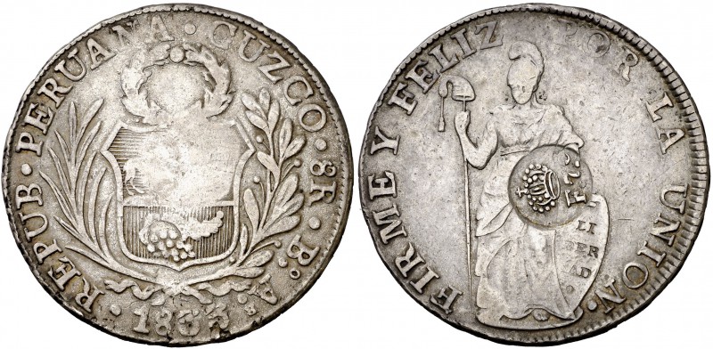 Resello F7º bajo corona, en reverso, sobre 8 reales de Perú, Cuzco BAR de 1833. ...