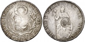 Resello F7º bajo corona, en reverso, sobre 8 reales de Perú, Cuzco BAR de 1833. (Kr. 84). 26,56 g. MBC.