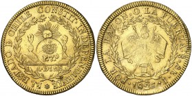 Fernando VII. Resello F7º bajo corona sobre 8 escudos de Chile, Santiago, I de 1826. (Cal.Onza 1248, mismo ejemplar, la indica como única) (Kr. 85, mi...