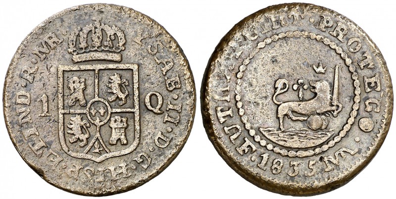 1835. Isabel II. Manila. 1 cuarto. (Cal. 715) (Basso 44). 5,42 g. Muy buen ejemp...