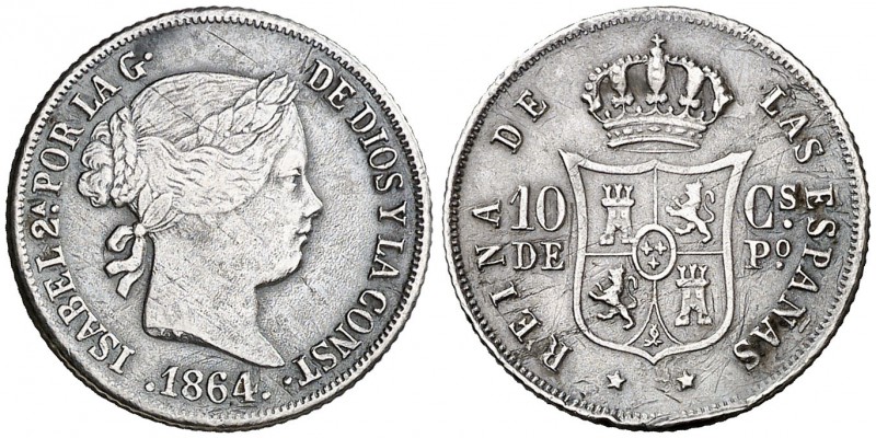 1864. Isabel II. Manila. 10 centavos. (Cal. 461) (Basso 60). 2,46 g. Rayitas y g...