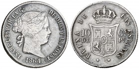 1864. Isabel II. Manila. 10 centavos. (Cal. 461) (Basso 60). 2,46 g. Rayitas y golpecitos. Rara. BC+.