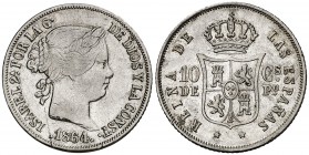 1864. Isabel II. Manila. 10 centavos. (Cal. 461) (Basso 60). 2,56 g. Rayas. Parte de brillo original. Ex Áureo 01/07/2005, nº 603. Muy rara así. (MBC-...