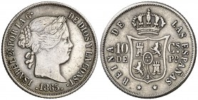1865. Isabel II. Manila. 10 centavos. (Cal. 462) (Basso 60). 2,54 g. Escasa. MBC-/MBC.