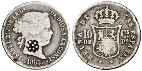 1865. Isabel II. Manila. 10 centavos. (Cal. 462) (Basso 60). 2,39 g. Resello privado en forma de flor. Ex Áureo 16/03/1993, nº 2903. Escasa. BC+.