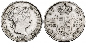 1866/5. Isabel II. Manila. 10 centavos. (Cal. 463 var). 2,59 g. Rarísima sobrefecha que falta en Basso. Limpiada, pero buen ejemplar. MBC+.