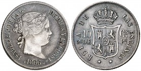 1866. Isabel II. Manila. 10 centavos. (Cal. 463) (Basso 60). 2,59 g. Ejemplar muy atractivo, con suave pátina grisácea. Rayita en reverso. Muy rara y ...