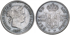 1867/6. Isabel II. Manila. 10 centavos. (Cal. 464 var) (Basso 60d). 2,60 g. Leves rayitas. Suave pátina. Buen ejemplar. Escasa así. MBC+.