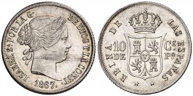 1867/6. Isabel II. Manila. 10 centavos. (Cal. 464 var) (Basso 60d). 2,56 g. Insignificante hojita, pero bellísima. Pleno brillo original. Ex Áureo 01/...