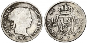 1868/7. Isabel II. Manila. 10 centavos. (Cal. 465 var). 2,47 g. Rara sobrefecha, que falta en Basso. BC.