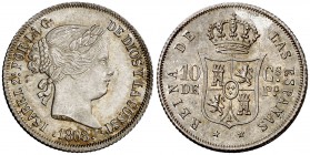 1868. Isabel II. Manila. 10 centavos. (Cal. 465) (Basso 60). 2,64 g. Bellísima pátina irisada, brillo original. Escasa así. S/C-.