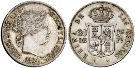 1864. Isabel II. Manila. 20 centavos. (Cal. 456) (Basso 61). 5,23 g. Bella, brillo original y pátina tornasolada. Muy rara y más así. EBC.