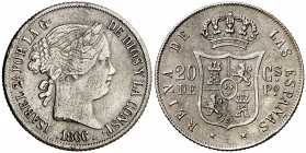 1866. Isabel II. Manila. 20 centavos. (Cal. 458) (Basso 61). 4,87 g. Plata agria y rayitas en anverso. Ex Áureo 05/03/1997, nº 918. Rara. MBC-/MBC.