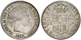 1867. Isabel II. Manila. 20 centavos. (Cal. 459) (Basso 61). 5,17 g. Pequeña limadura en canto anverso, pero muy bella, con pleno brillo original y un...