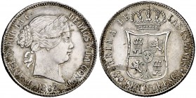 1867. Isabel II. Manila. 40 céntimos de escudo. (Barrera 789). 5,38 g. Falsa de época en latón plateado. La ceca de Manila no emitió este valor. Flore...
